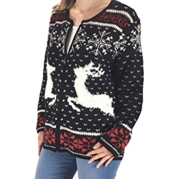 J. JILL CHRISTMAS REINDEER FAIR ISLE INTARSIA ZIP CARDIGAN SWEATER X SMALL - Picture 2 of 9